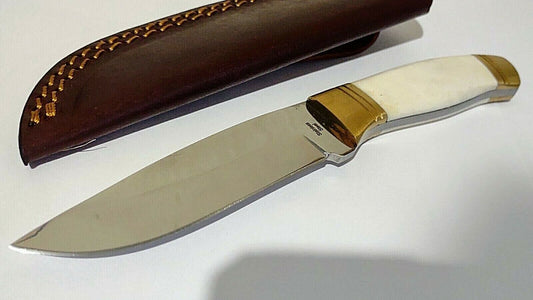 8.25" Skinner Hunting Bowie Knife Stainless Steel White Bone Handle with Leather Sheath