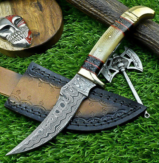 8.5" Custom Damascus Bowie Knife with Bone Handle & Brass Bolster