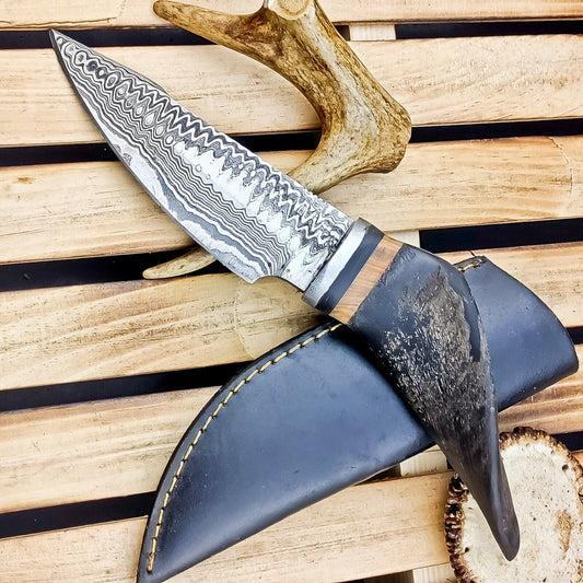  8.5" Custom Damascus Steel Bowie Knife – Ram Horn Handle