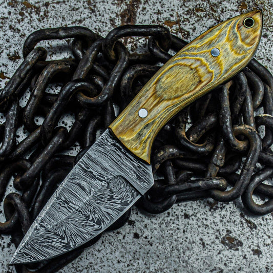 8.5" Custom Damascus Steel Bowie Knife – Wood Handle, Tactical Design