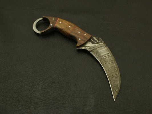 8.5" Custom Handmade Damascus Karambit Knife Damascus Steel Knife with Wood Handle 
