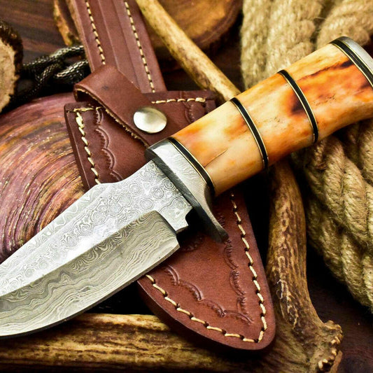 8.5" Custom Handmade Damascus Steel Bowie – Polished Camel Bone Handle & Leather Sheath