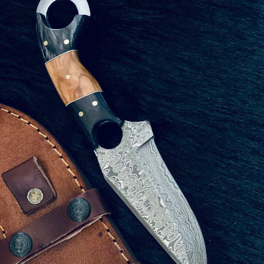 8.5" Custom Handmade Rain Drop Damascus Hunting Knife – Camel Bone & Wood Handle