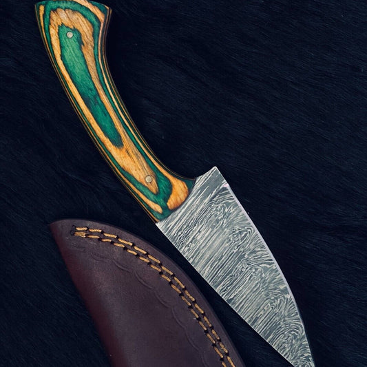 8.5" Custom Handmade Twist Damascus Bowie Hunting Knife – Camel Bone & Wood Handle