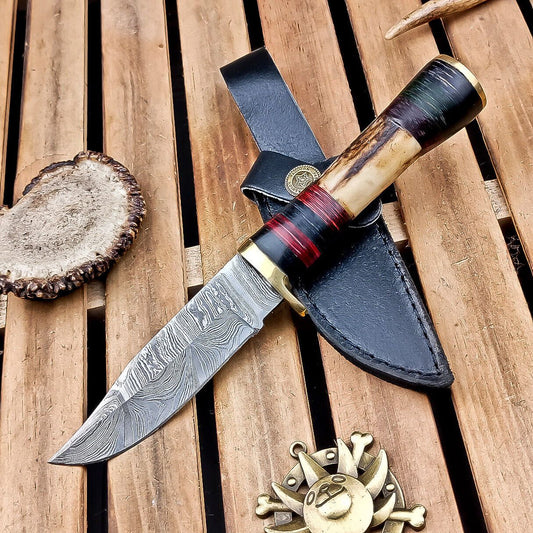 8.5" Damascus Hunting Knife – Stag Horn Handle with Leather Sheath