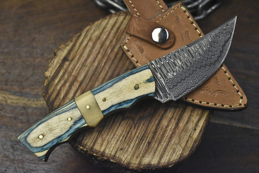 8.5" Damascus Skinner Knife Ladder Pattern Bone and Wood Handle Hunting Fishing Gift