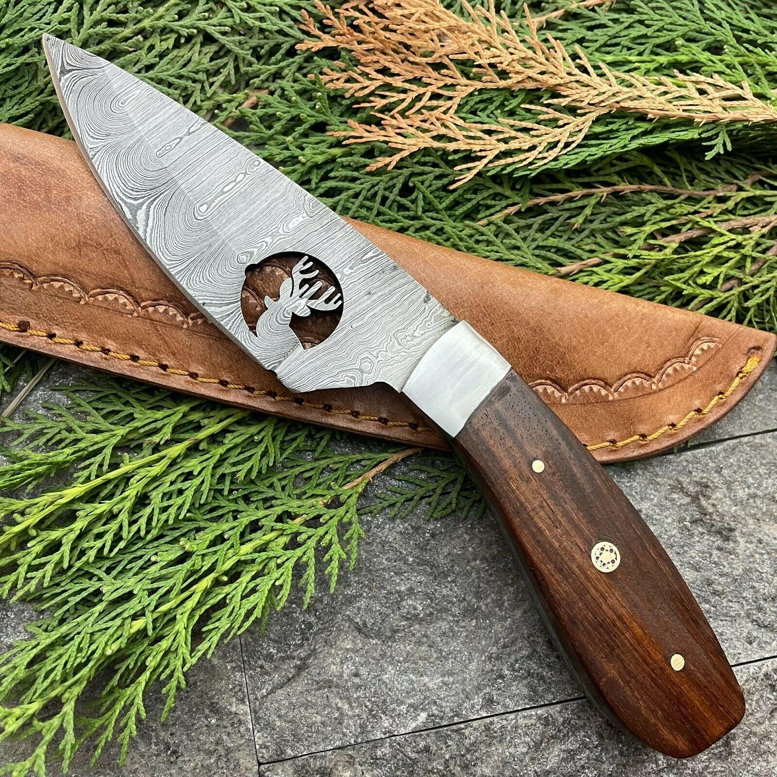  8.5" Damascus Steel Bowie Knife – Wood Handle & Leather Sheath
