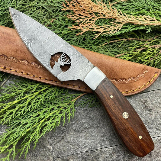  8.5" Damascus Steel Bowie Knife – Wood Handle & Leather Sheath