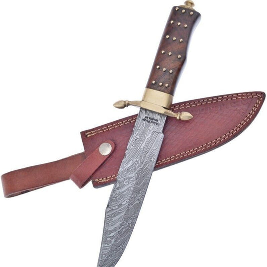 8.5" Damascus Steel Bowie Knife with Walnut & Brass Handle 