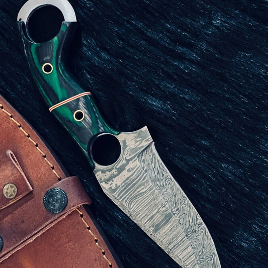 8.5" Fire Damascus Bowie Hunting Knife – Bone & Wood Handle