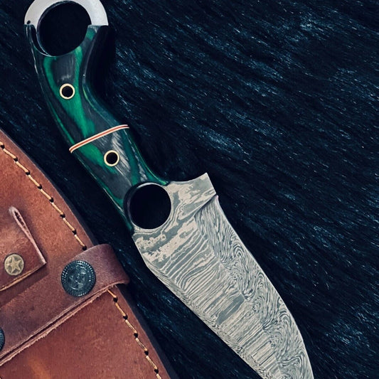 8.5" Fire Damascus Steel Bowie Knife – Handmade Camel Bone & Wood Handle