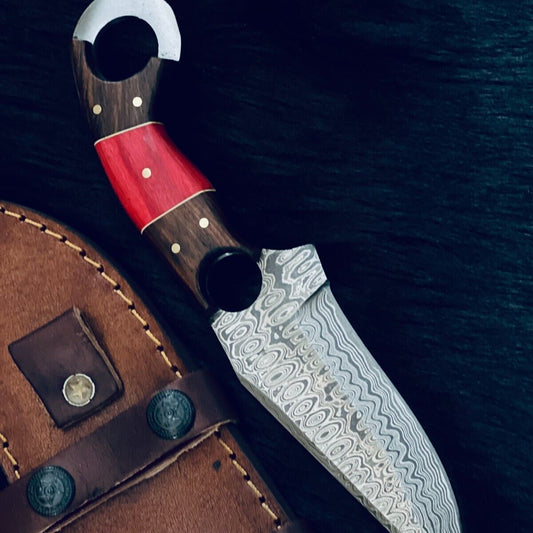 8.5" Fire Pattern Damascus Bowie Knife – Camel Bone & Wood Handle 