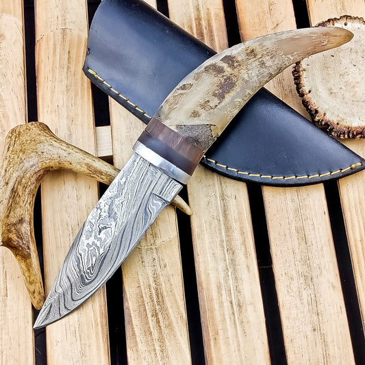  8.5" Hand Forged Damascus Bowie Knife | Ram Horn Handle