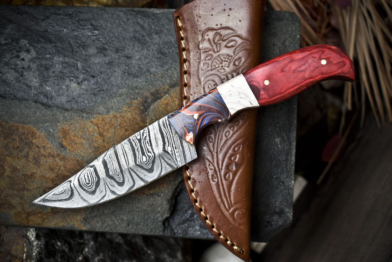 8.5" Hand Forged Twist Damascus Skinner Knife with Hardwood Handle and Micarta Bolster