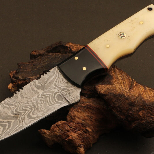 8.5" Hand Forged Twist Damascus Steel Drop Point Bowie Knife | Camel Bone Handle