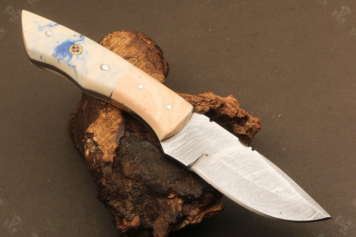 8.5" Handmade Damascus Bowie Knife Damascus Steel Knife with Camel Bone & Wood Handle