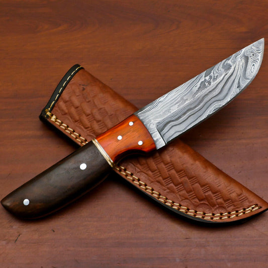 8.5" Handmade Damascus Fixed Blade Hunting Knife – Rosewood & Pakka Wood Handle | Heritage Forge