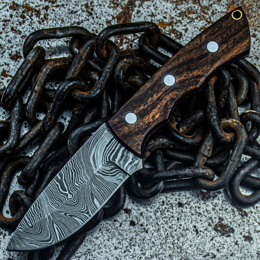 8.5" Handmade Damascus Tactical Bowie Knife – Wood Handle & Leather Sheath