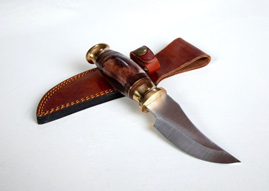 8.5″ Handmade Skinner Knife | Bone & Hardwood Handle with Brass Pommel & Guard + Sheath