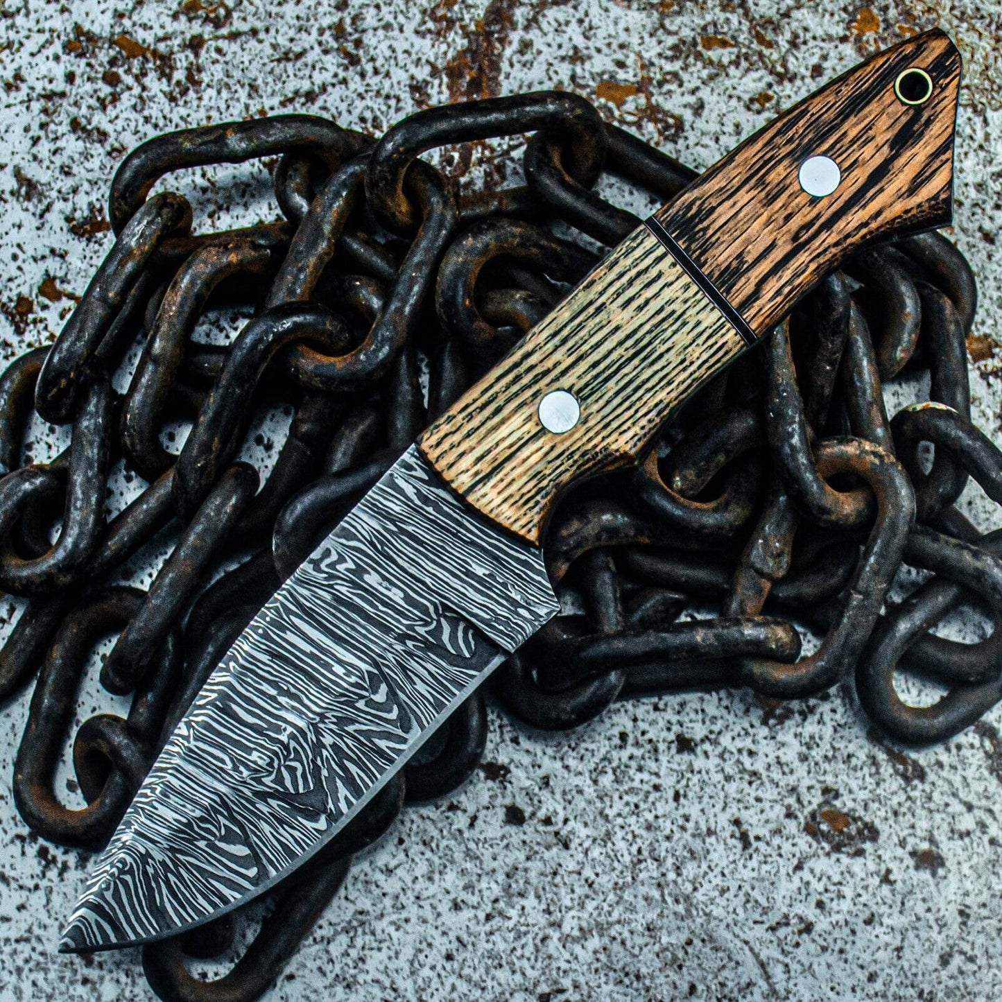 8.5" Heritage Forge Damascus Steel Tactical Hunting Knife – Custom Wood Handle & Sheath