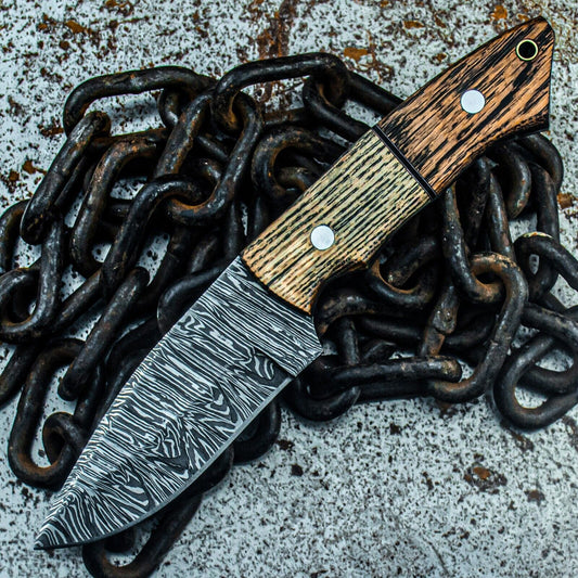 8.5" Heritage Forge Damascus Steel Tactical Hunting Knife – Custom Wood Handle & Sheath