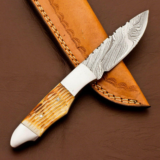 8.5" Heritage Forge's Damascus Bowie Knife | Camel Bone Handle