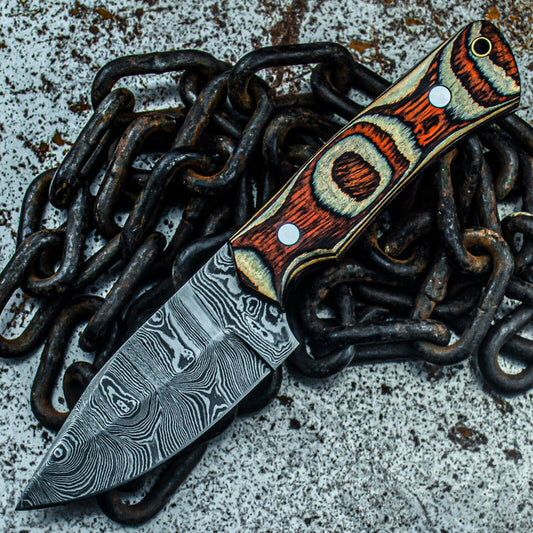 8.5 Inch Custom Damascus Bowie Tactical Knife with Wooden Handle