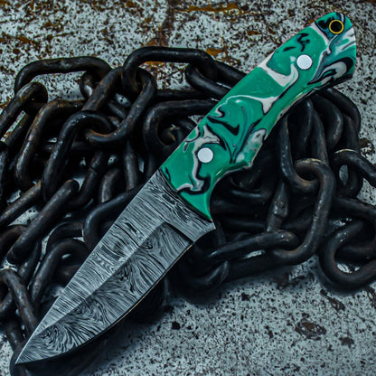 8.5 Inch Damascus Bowie Hunting Knife with Resin Handle and Leather Sheath