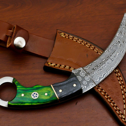 8.5 Inch Damascus Steel Karambit Dagger Knife with Pakka Wood Handle and Sheath
