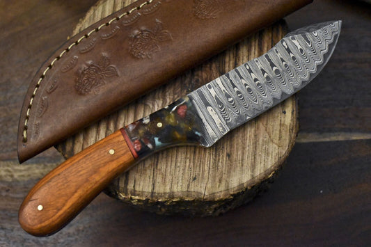 8.5" Ladder Damascus Skinner Knife with Hardwood Handle for Everyday Carry & Hunting

