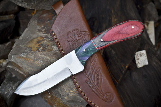 8.5" Skinner Knife | AUS-8 Steel Blade | Hardwood Handle with Micarta Bolster | Leather Sheath | EDC