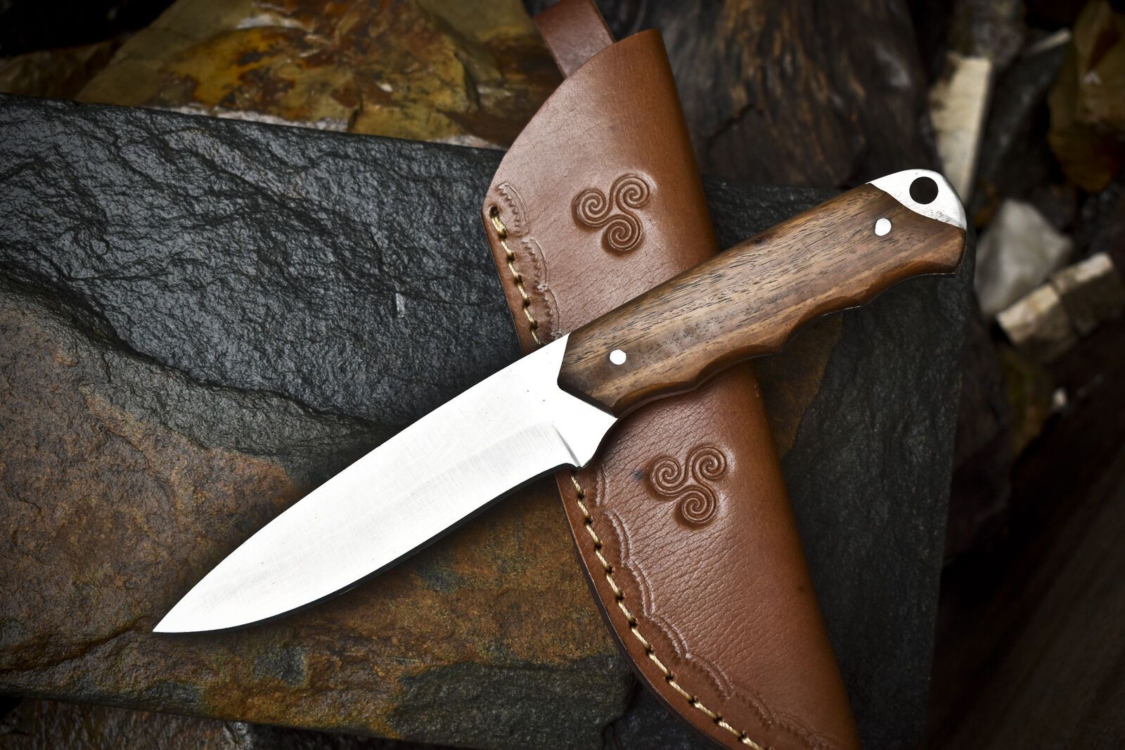 8.5" Skinner Knife | AUS-8 Steel Blade | Walnut Wood Handle | Leather Sheath | Bushcraft & Hunting