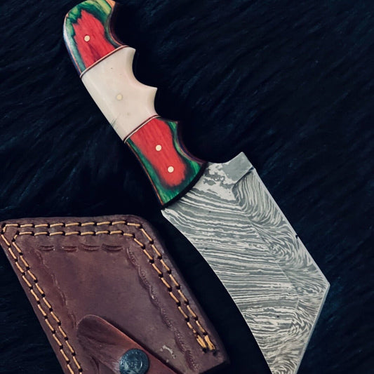 8.5" Twist Damascus Bowie Knife – Camel Bone & Wood Handle