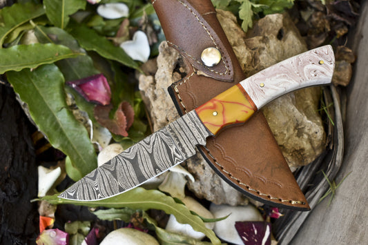 8.5" Twist Damascus Skinner Knife Corian Handle Micarta Bolster Custom Camping Blade