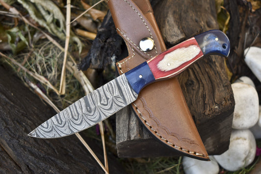 8.5" Twist Damascus Skinner Knife Hardwood Handle Micarta Bolster Hunting Blade
