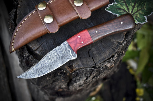8.5" Twist Damascus Skinner Knife with Hard Wood Handle – Custom Handmade Outdoor Fixed Blade
