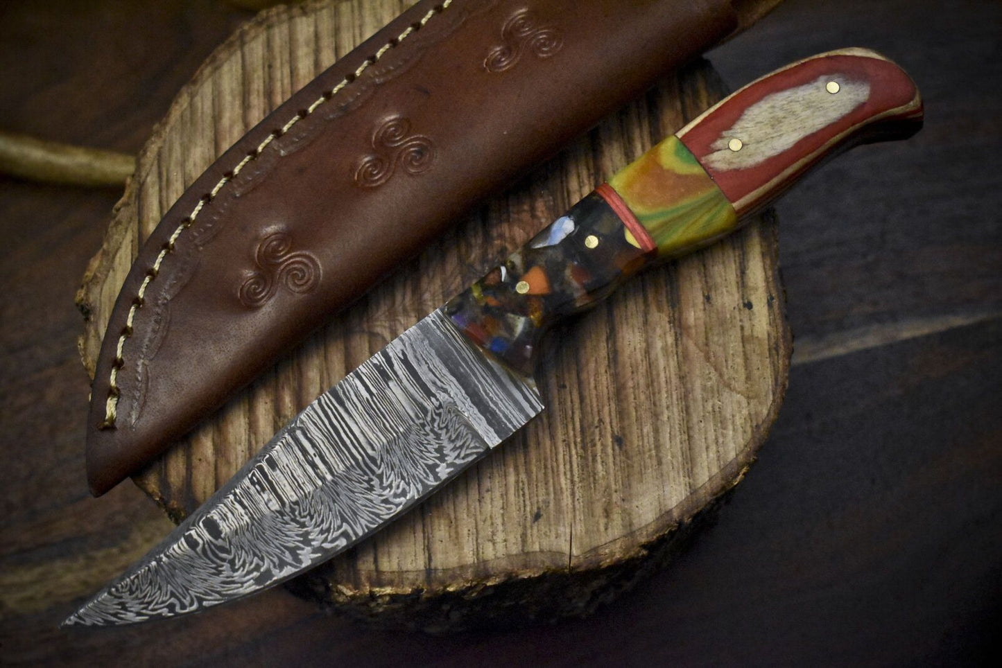 8.5" Twist Damascus Skinner Knife with Mixed Material Handle and Micarta Bolster – Handmade Hiking Knife