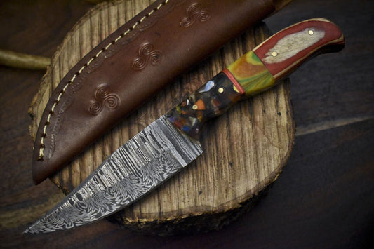 8.5" Twist Damascus Skinner Knife with Mixed Material Handle and Micarta Bolster – Handmade Hiking Knife