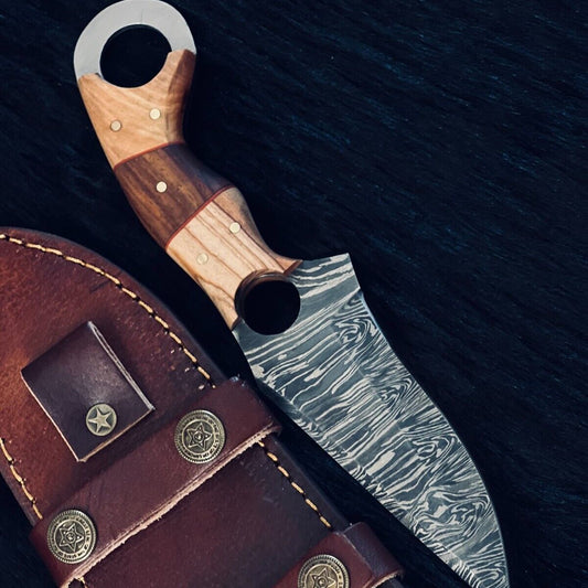 8.5" Twist Damascus Steel Bowie Hunting Knife – Camel Bone & Wood Handle
