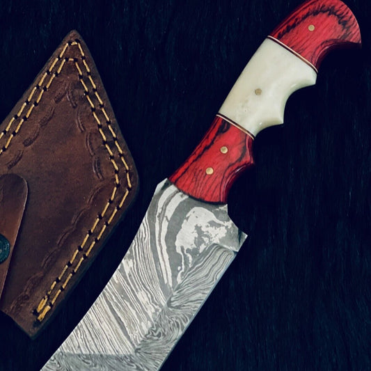 8.5" Twist Damascus Tanto Knife – Camel Bone & Wood Handle