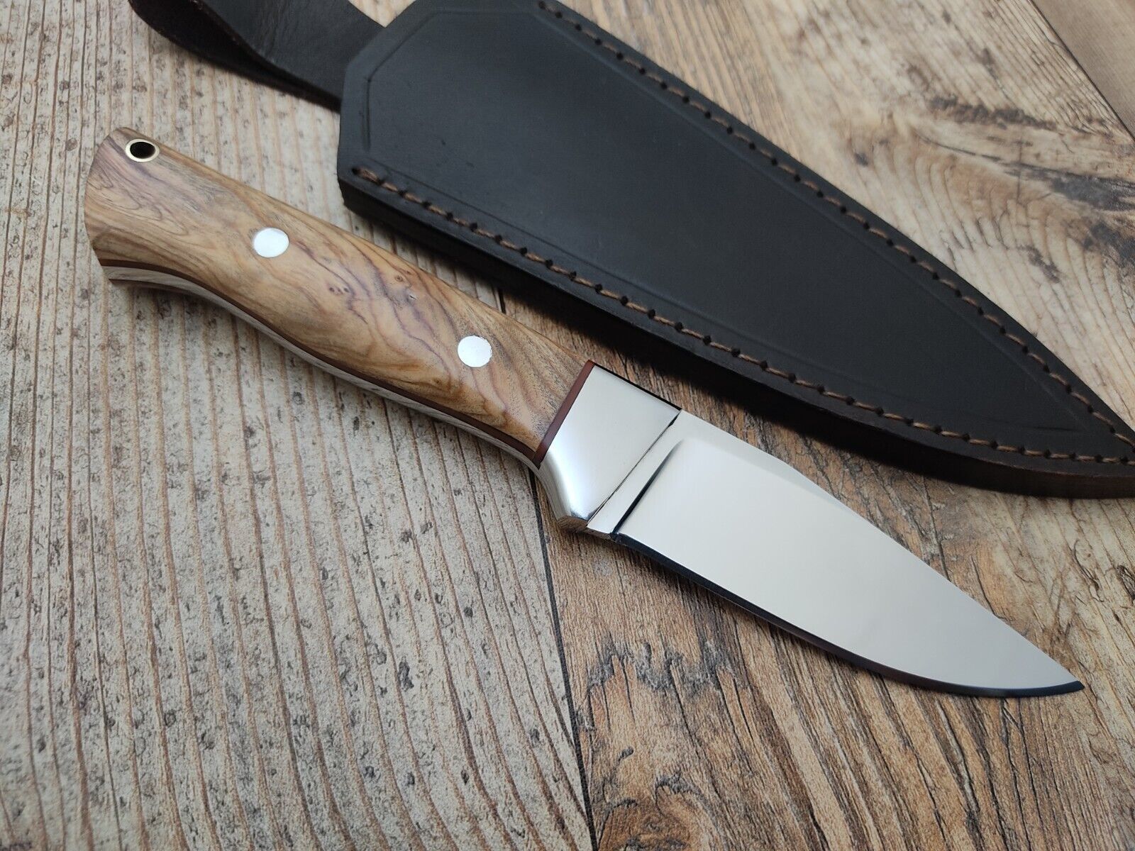 8.7" 12c27 Stainless Steel Skinner Knife with Olive Wood Handle & Leather Sheath – Handmade Hunting & Camping Blade