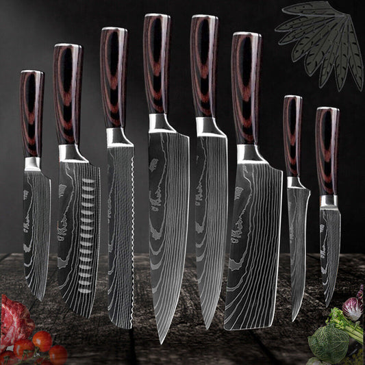 8PCS Japanese Chef Knife Set – Laser Damascus Pattern, Full Kitchen Knives