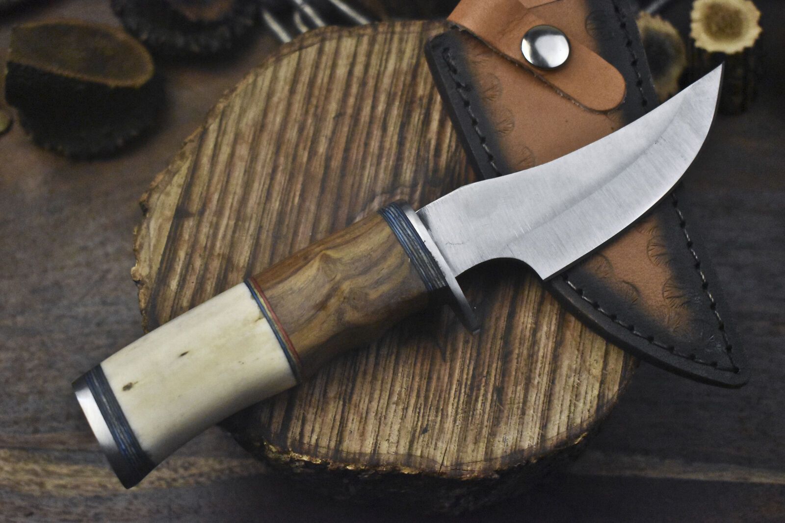 8" 440C Steel Skinner Knife with Bone and Wood Handle & Steel Guard Leather Sheath