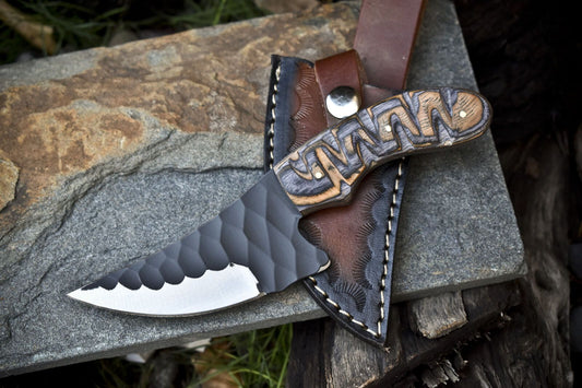 8" AUS-8 Steel Skinner Knife – Hardwood Handle, Leather Sheath, Rare Hunting Edition