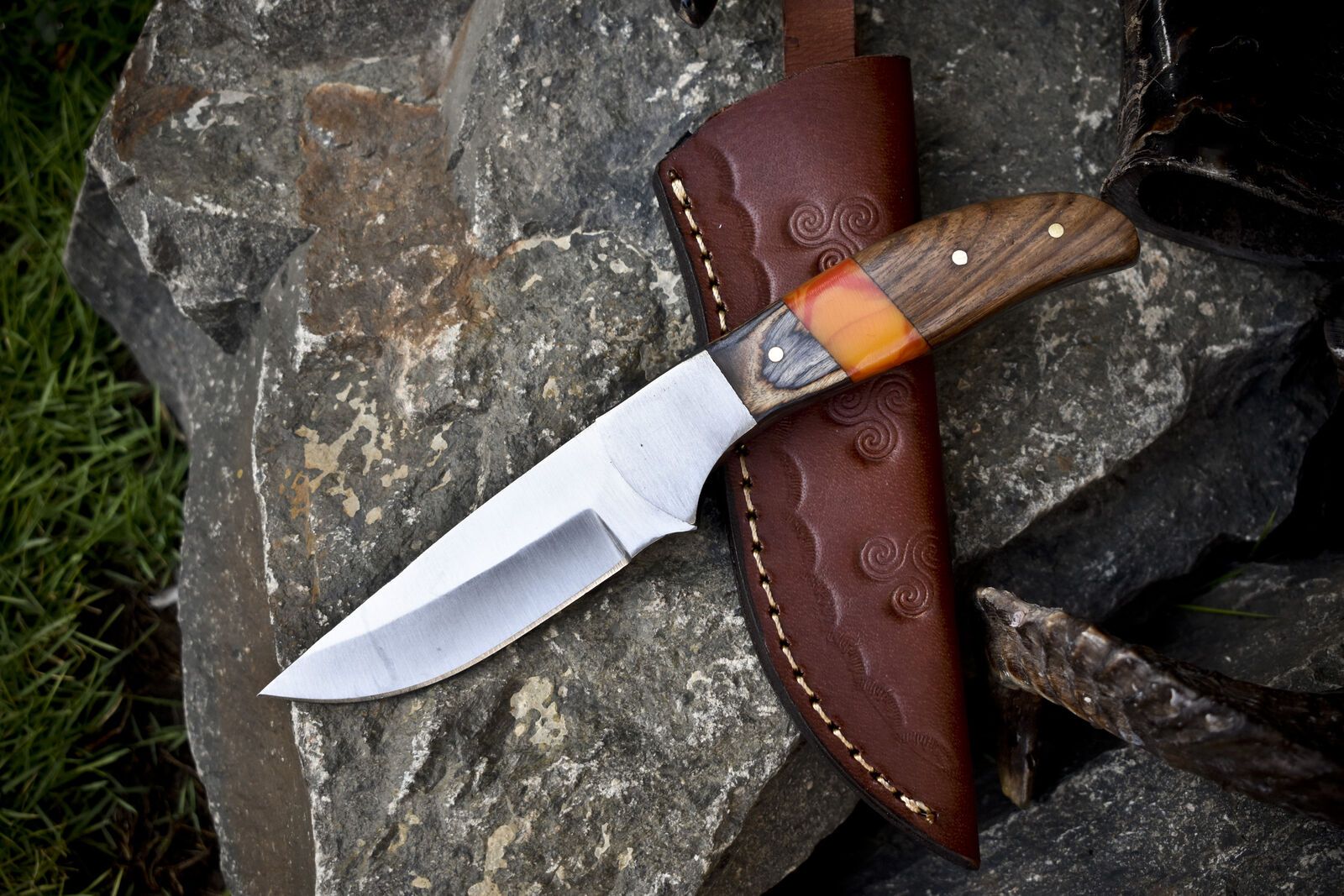 8" AUS-8 Steel Skinner Knife with Mixed Material Handle & Steel Bolster Leather Sheath