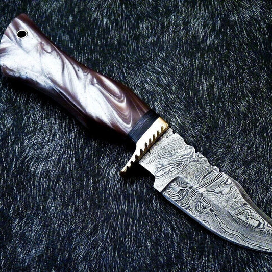 8" Custom Damascus Bowie Knife – Resin Handle with Brass Bolster