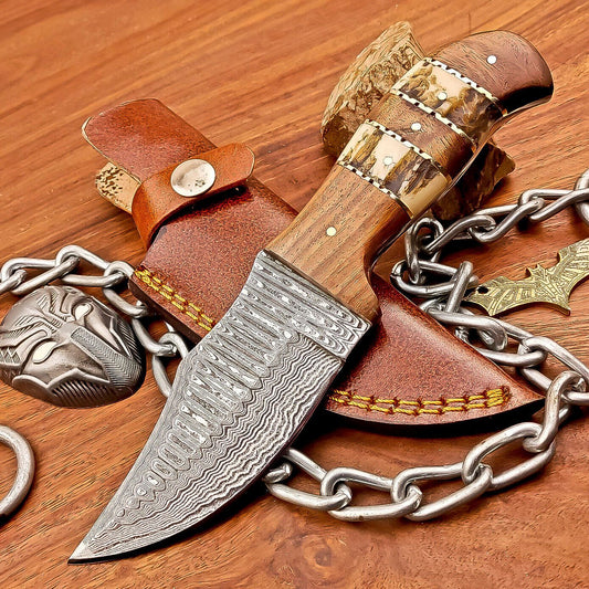 8" Custom Damascus Bowie Knife – Stag Horn & Wood Handle