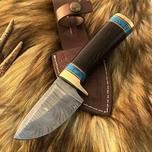 8" Custom Damascus Full Tang Bowie Knife – Twisted Steel Blade & Wood Handle