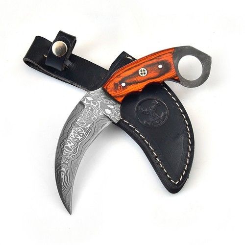 8" Custom Damascus Karambit Knife Damascus Steel Knife with Sheath and Pakkawood Handle