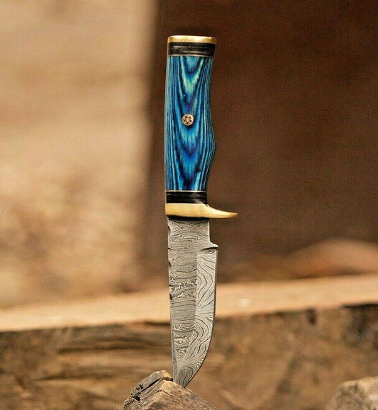8" Custom Damascus Steel Bowie Hunting Knife – Blue Wood Handle & Brass Guard